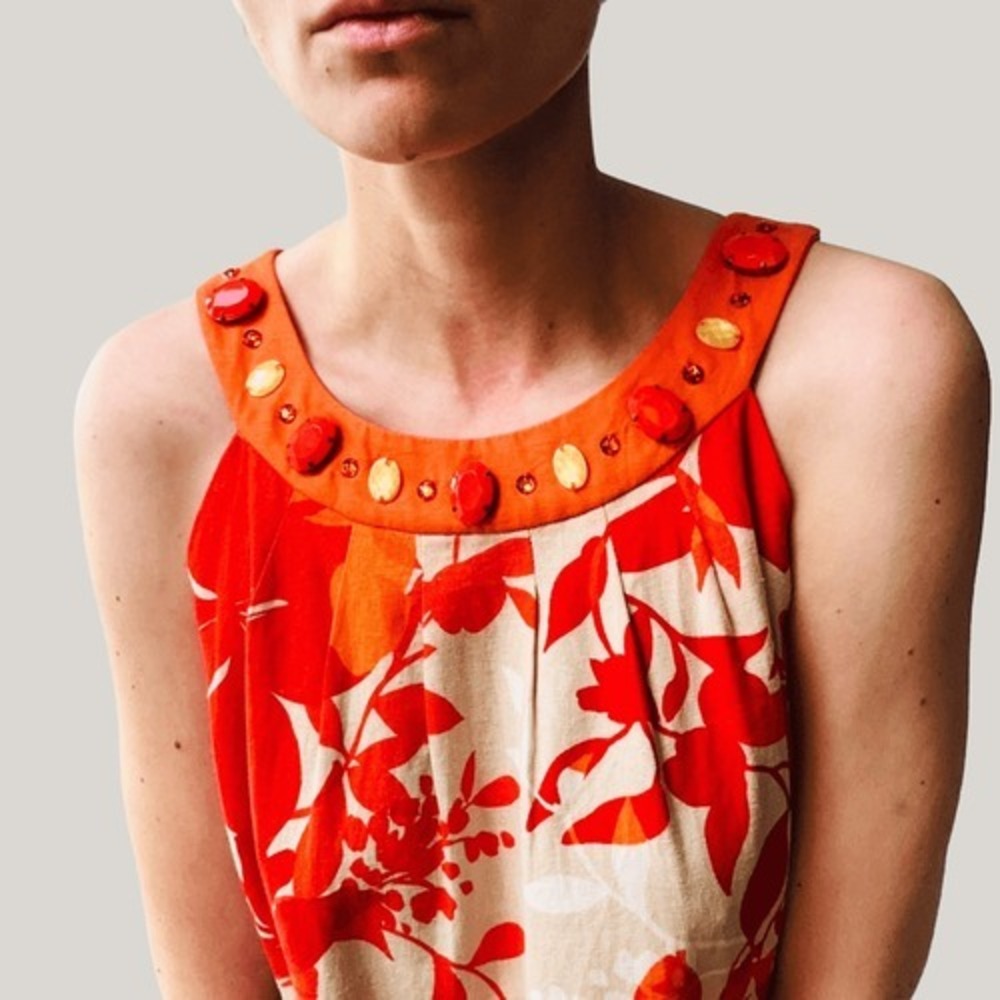 Vintage Jessica Howard Orange Floral Linen Blend Embellished Shift Dress 12 - Picture 7 of 8